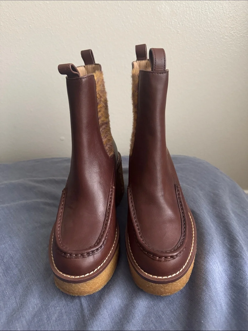 Coach Delaney Chelsea Boots Brown Leather Platform with Knit Panel